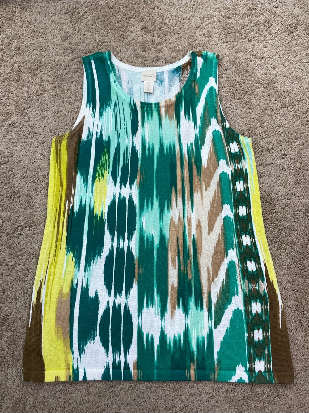 Chico's Green, Teal & Brown Abstract Print Sleeveless Sleeveless Blouse